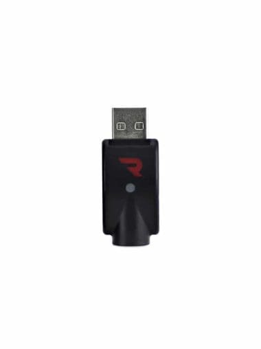 A black USB charger with a red "R" logo and a small white light, shown against a white background.