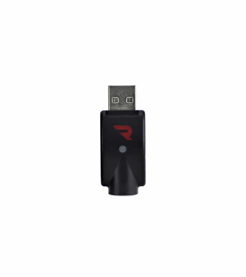 77F2C1E7-CE6F-49A7-A705-7E7B1172022A A black USB charger with a red "R" logo and a small white light, shown against a white background.