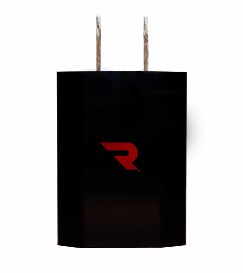 Chargerbase A black shopping bag with two brown paper handles and a red "R" logo on the front.