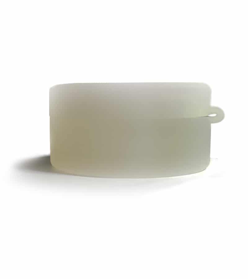A translucent, light green rectangular container with rounded corners and a small loop on the right side.