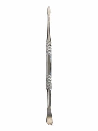A shiny silver metal tool with a pointed scoop on one end and a flat scoop on the other.