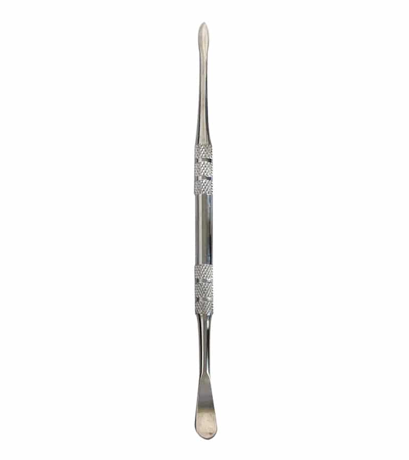 Dab Tool A shiny silver metal tool with a pointed scoop on one end and a flat scoop on the other.
