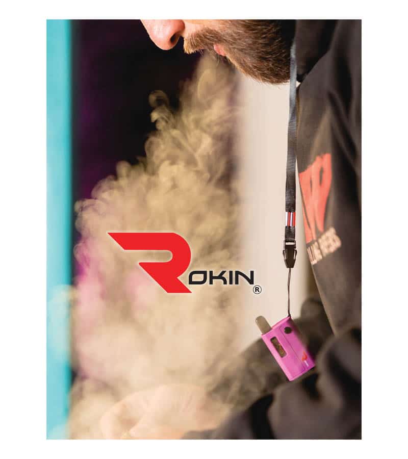 Mini Tank Poster A bearded man exhales vapor, with a pink vape pen hanging from his neck and a "ROKIN" logo.