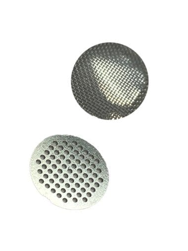 Two round metal screens are shown; one is a fine mesh, the other has many small holes.
