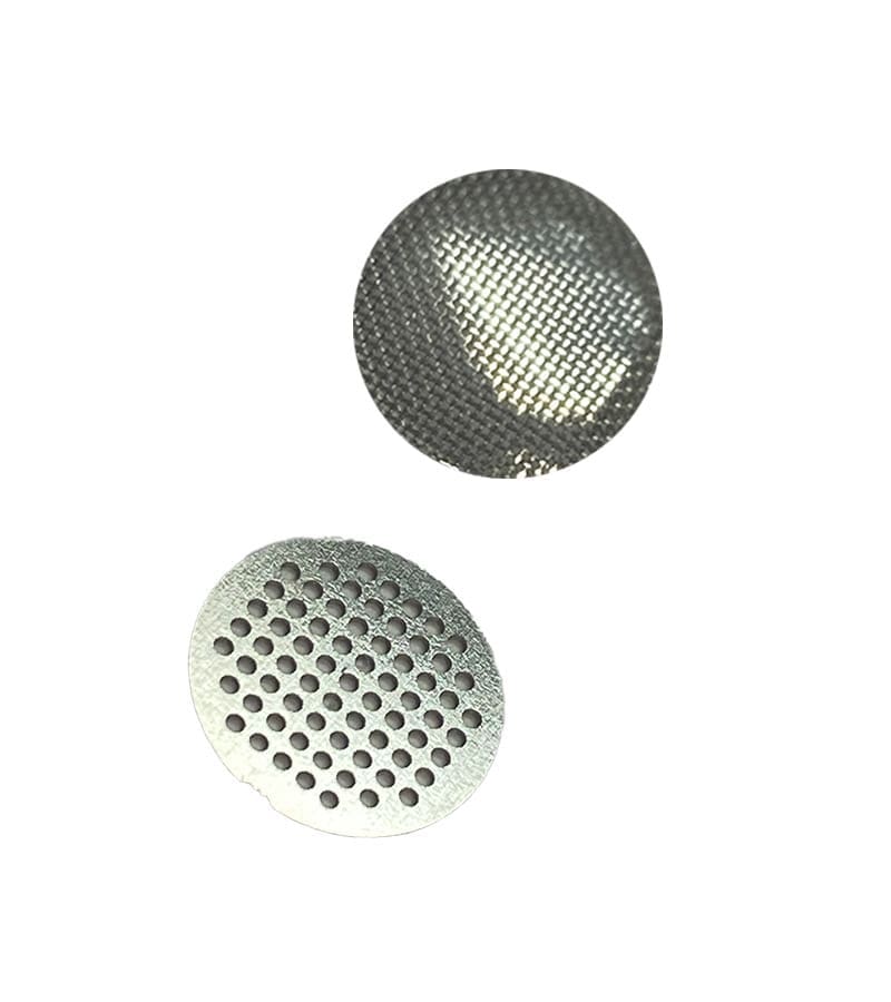 IMG_3478 Two round metal screens are shown; one is a fine mesh, the other has many small holes.