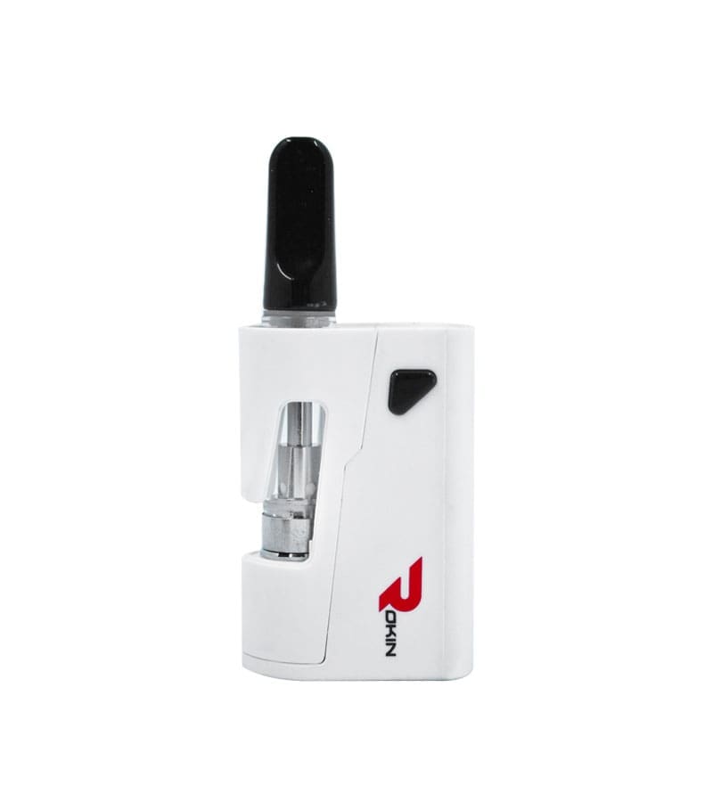 Rage--White---cart A white rectangular vape device with a black mouthpiece and a red "ROKIN" logo on the side.