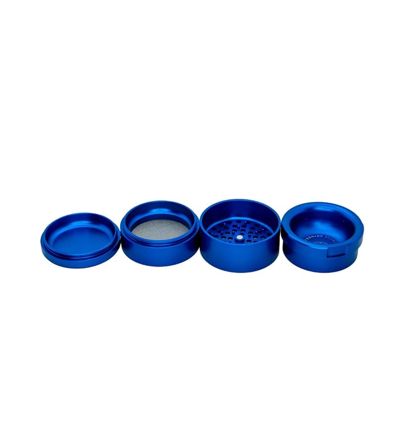 Stache 4 piece grinder black broken down into 4 pieces Stache 4 piece grinder blue broken down into 4 pieces