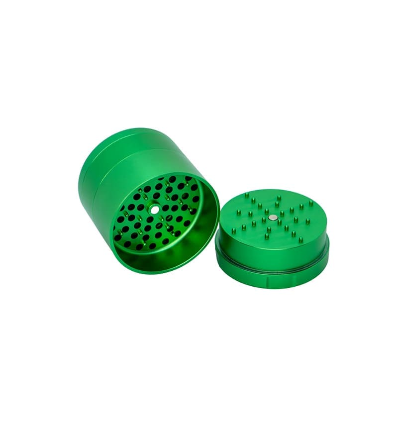 Stache 4 piece grinder green with top off Stache 4 piece grinder green with top off