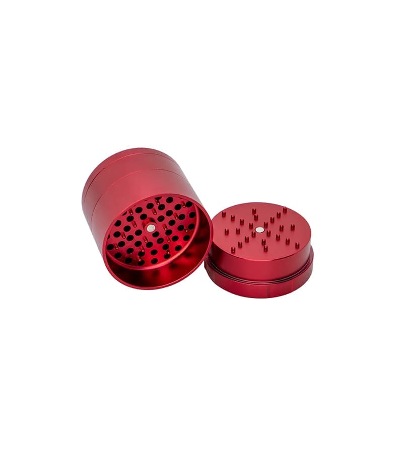 Stache 4 piece grinder red with top off Stache 4 piece grinder red with top off