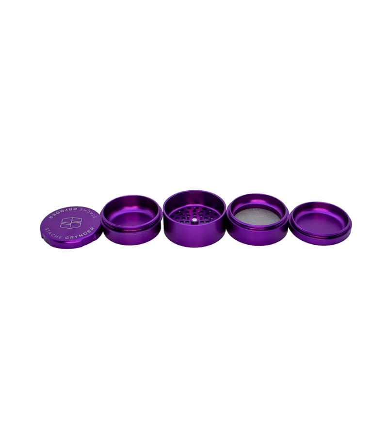 Stache 5 piece grynder purple open with all 5 pieces separated Stache 5 piece grynder purple open with all 5 pieces separated