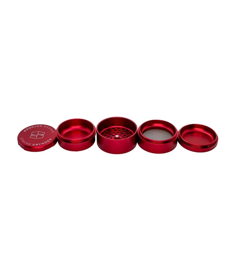 Stache 5 piece grynder red open with all 5 pieces separated Stache 5 piece grynder red open with all 5 pieces separated