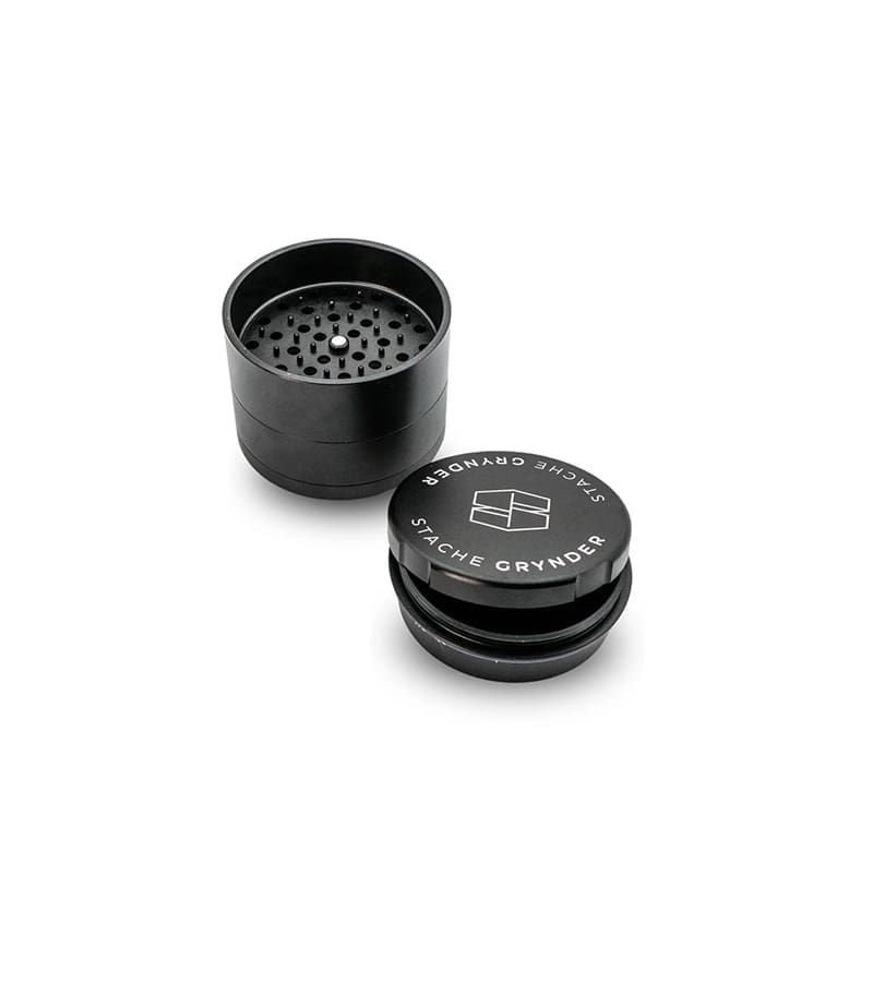 Stache Big 5 piece grynder black with the lid off Stache Big 5 piece grynder black with the lid off