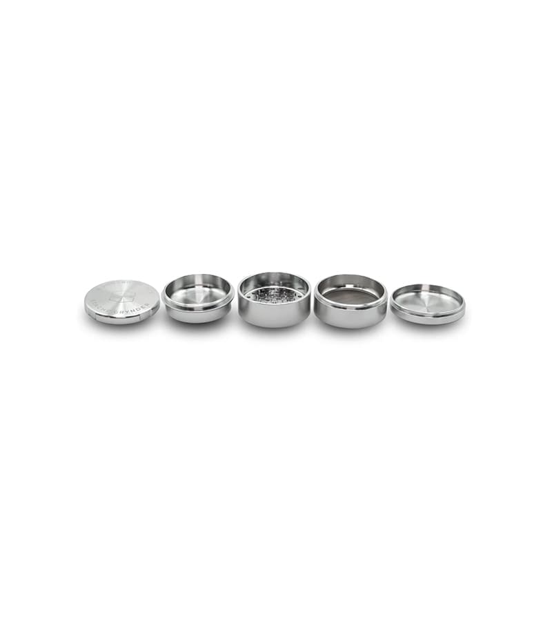 Stache Big 5 piece grynder silver open with all 5 pieces separated Stache Big 5 piece grynder silver open with all 5 pieces separated
