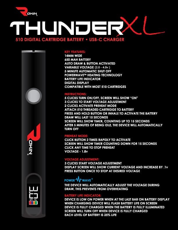 Thunder XL Stick Vape Pen | The Best Digital 510 Thread Stick Battery | Rokin Rokin | Instruction Manual Thunder XL 2024