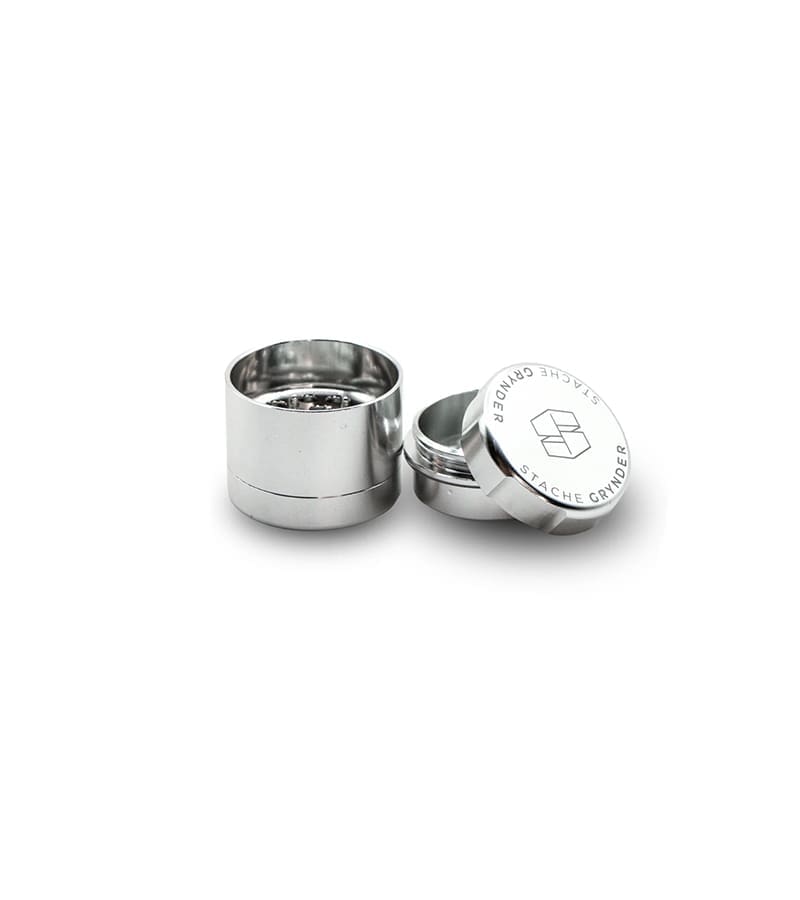 Stache Tiny Grynder silver with the top off Stache Tiny Grynder silver with the top off