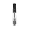 A clear vape cartridge with a black mouthpiece and silver base is centered on a white background.