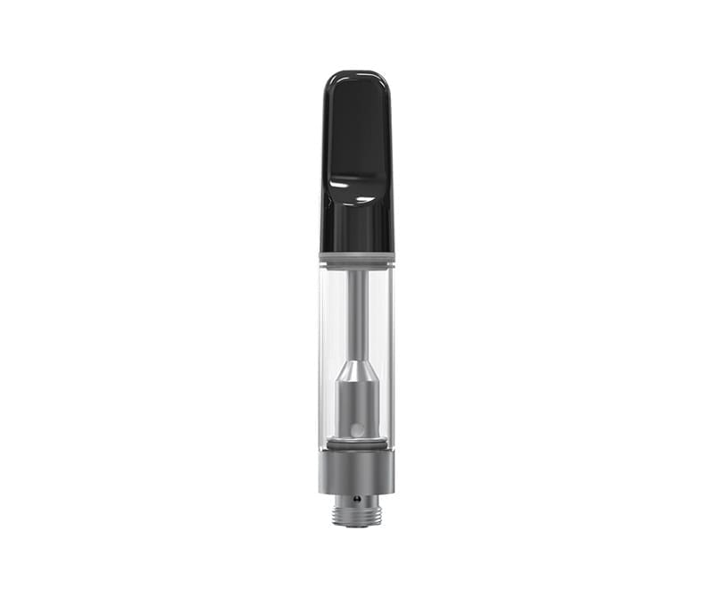 A clear vape cartridge with a black mouthpiece and silver base is centered on a white background.
