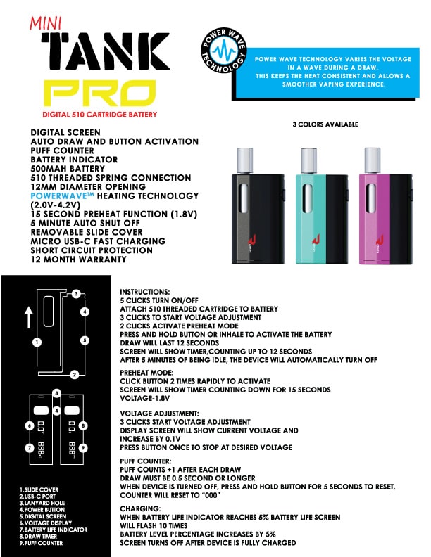 Mini Tank Pro Digital 510 Thread Vape | Battery Kit | Rokin Rokin | Rokin Mini Tank Pro Instruction Manual