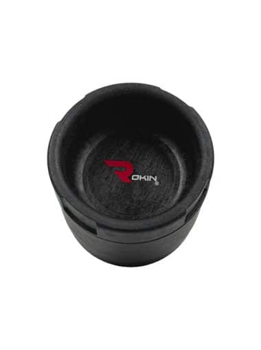 A black, cylindrical cup holder with a red "ROKIN" logo on the bottom, centered on a white background.