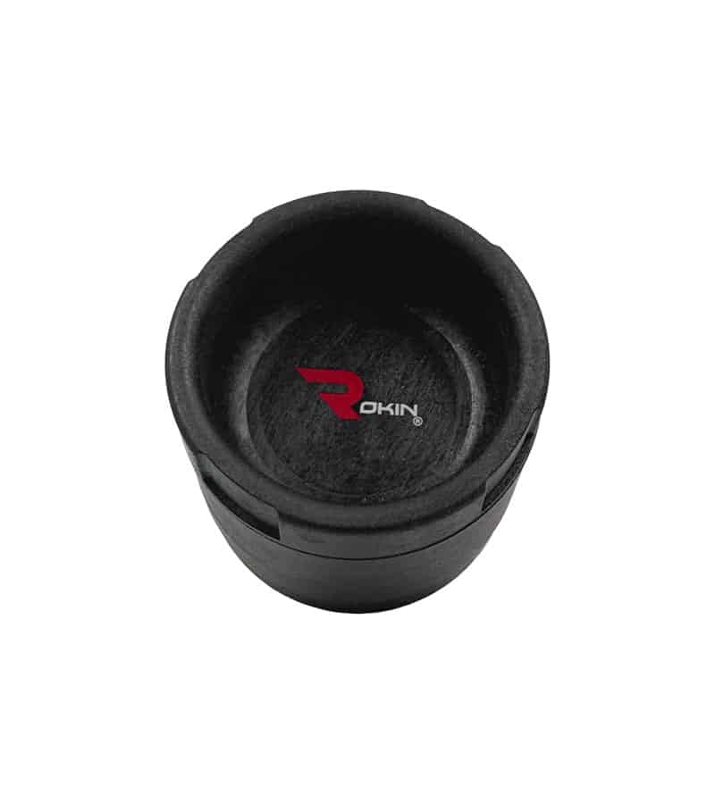 Grynder-top-black A black, cylindrical cup holder with a red "ROKIN" logo on the bottom, centered on a white background.