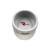 Grynder---top--cement A light gray, textured pet bowl with a red "ROKIN" logo on the bottom, viewed from above.